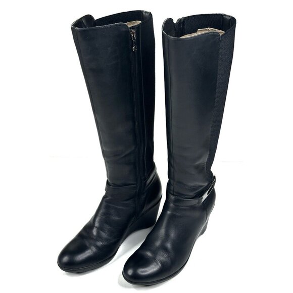 BLONDO Laina Tall Waterproof Black Leather Riding Boots Women's 7.5M Wedge Zip - Picture 1 of 15